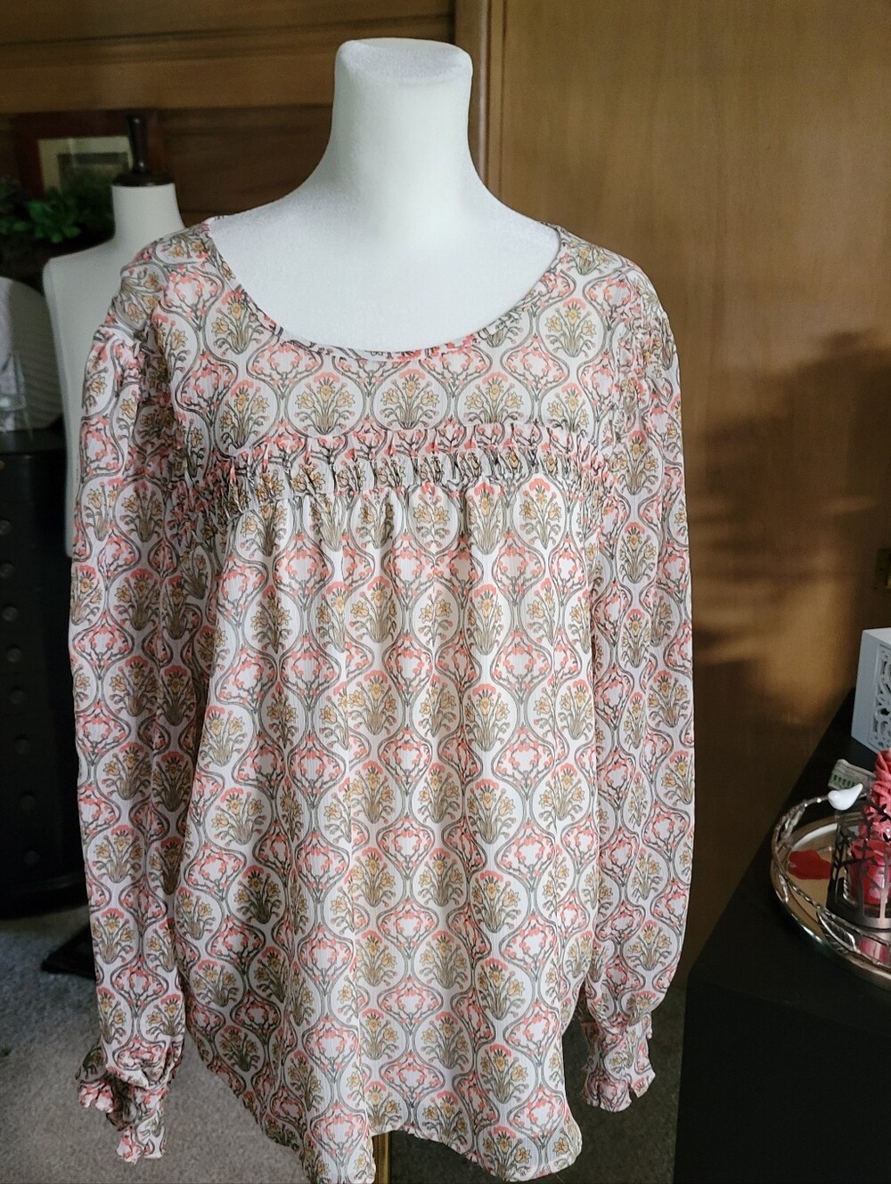 LOFT Pink and Cream Floral Smocked Yoke Blouse